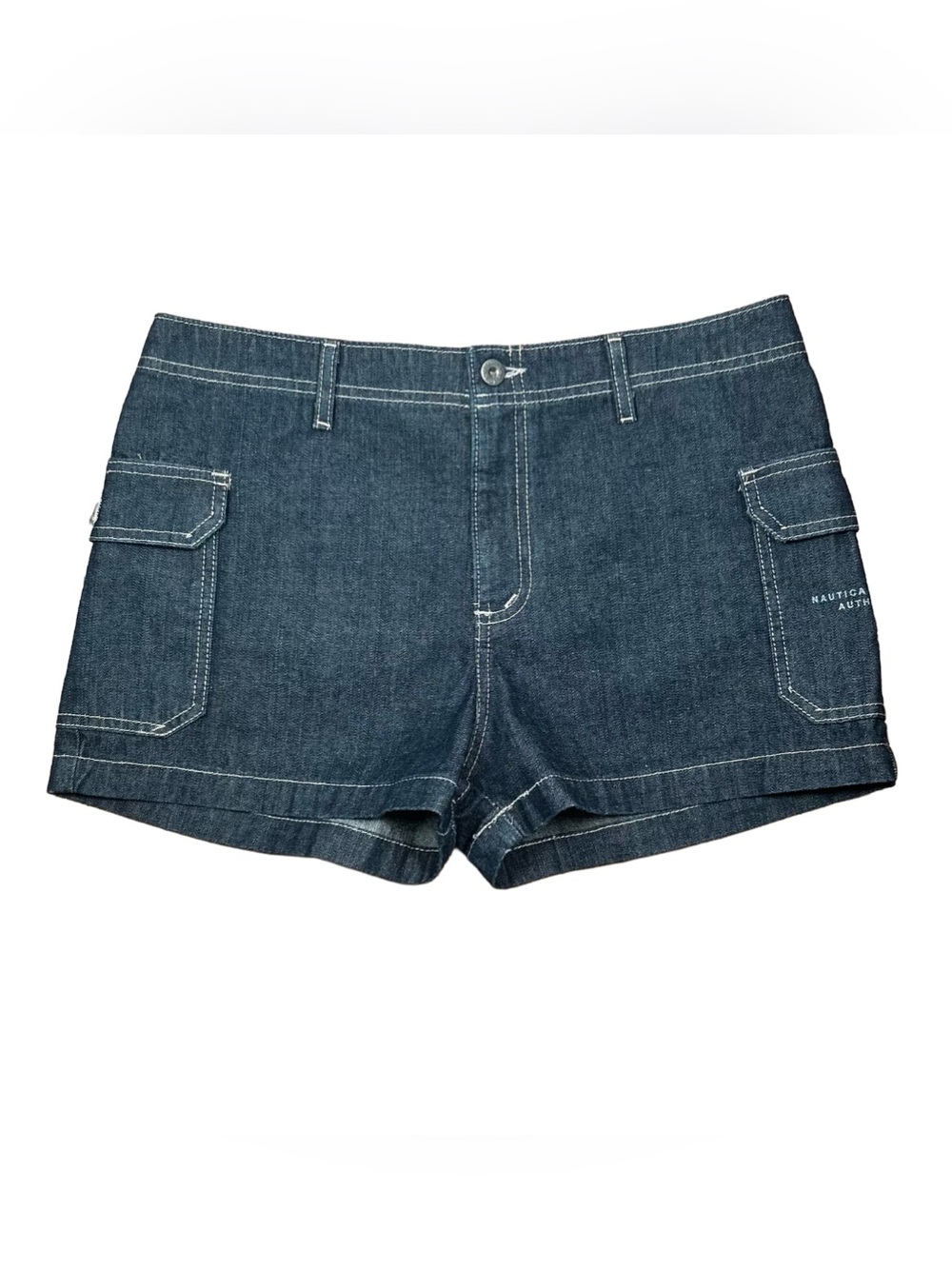 VINTAGE Nautica Women’s Cargo Style Blue Mini Denim Shorts Side Flap Pocket Sz 8